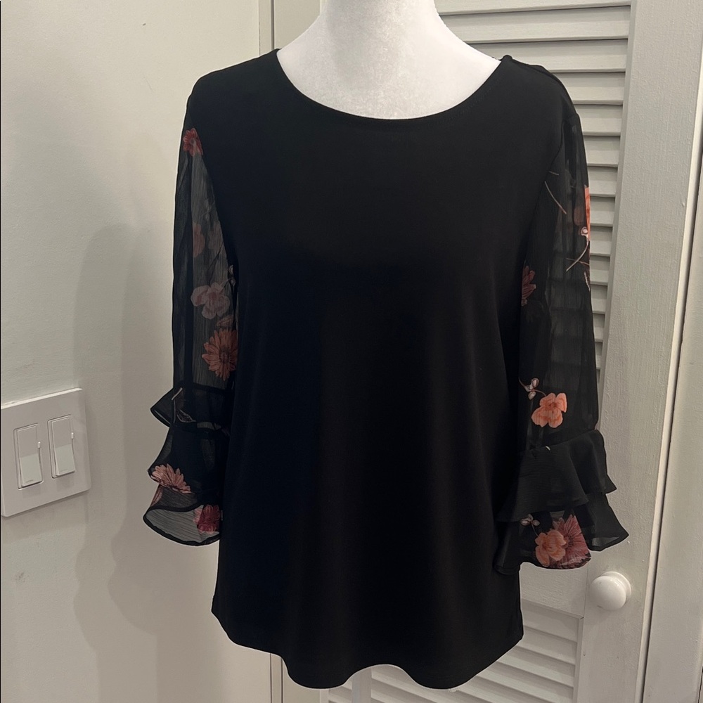 Black Blouse with Sheer Floral Bell Sleeves